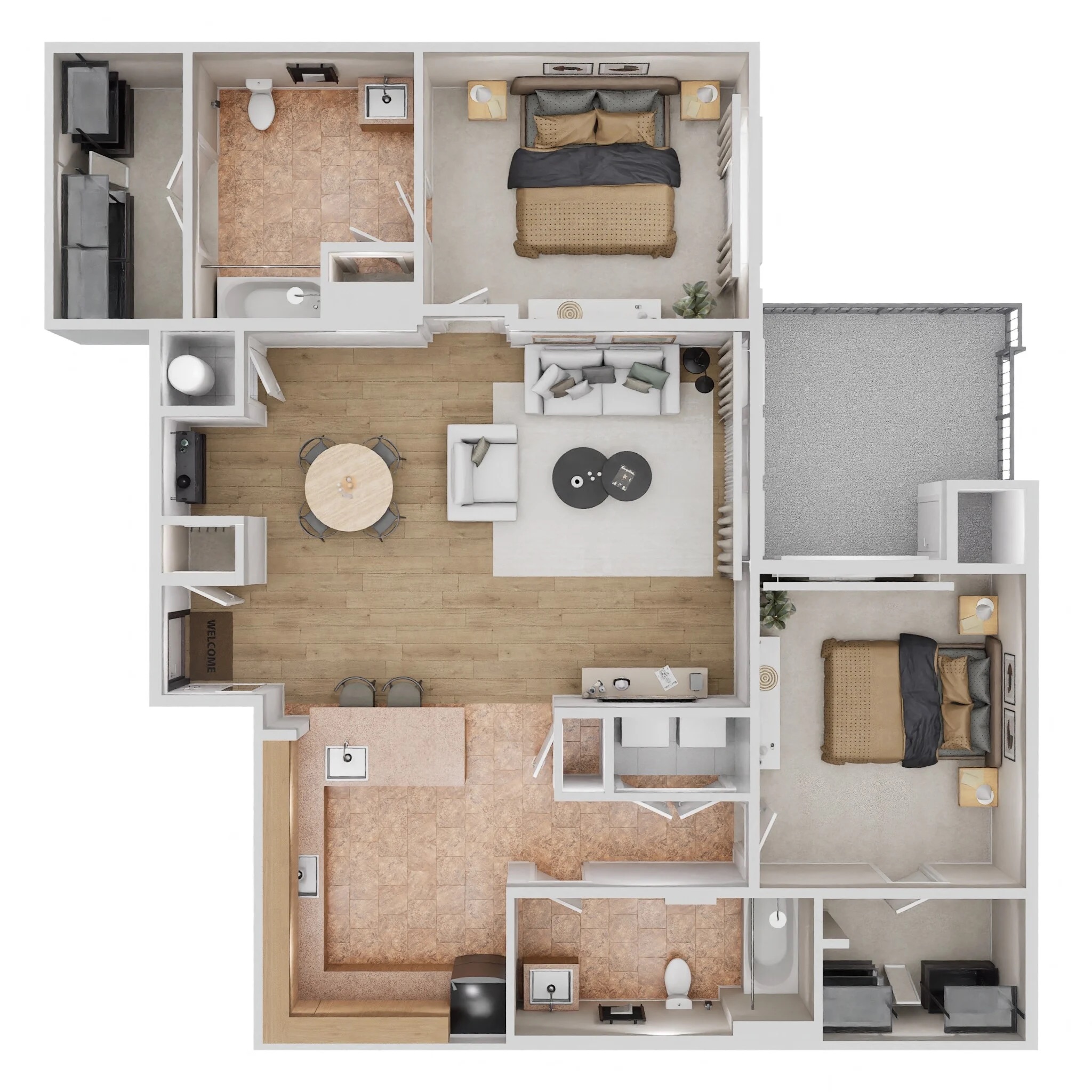 Floor plan for 2 beds, 2 baths, 1266 sqft